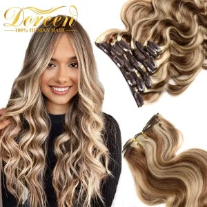 Extensões de cabelo Natural Extensão de Cabelo 100% Humano com Presilhas — Ondulado Body Wave, Tons de Marrom e Loiro, 110g a 200g | Loja dos Cabelos