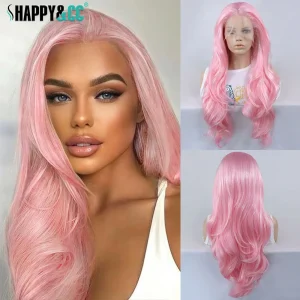 Perucas Peruca Sintética Dianteira 13×3 Rosa com Brilho – Corpo Ondulado, Colorida, Resistente ao Calor, 30 Polegadas para Cosplay Feminino | Loja dos Cabelos