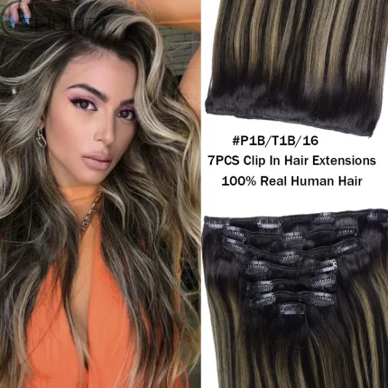 Extensões de cabelo Natural Extensões de Cabelo Humano com Presilha Clip-in – 7 Peças, Balayage Natural Preto para Loiro Dourado | Loja dos Cabelos