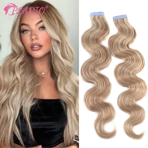 Extensões de cabelo Natural Extensão de Cabelo Humano Remy 100% com Fita Adesiva Sem Costura – Onda Corporal, Trama de Pele, 12 a 26 Polegadas | Loja dos Cabelos