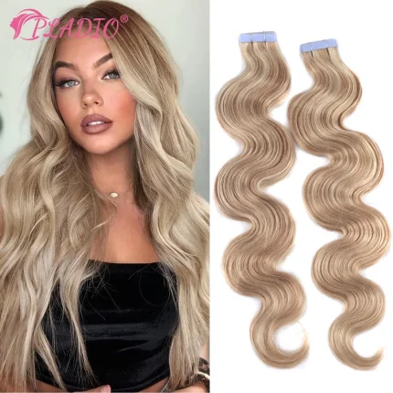 Extensões de cabelo Natural Extensão de Cabelo Humano Remy 100% com Fita Adesiva Sem Costura – Onda Corporal, Trama de Pele, 12 a 26 Polegadas | Loja dos Cabelos
