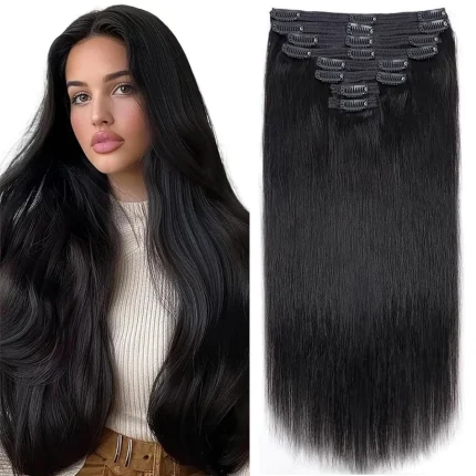 Extensões de cabelo Natural Extensão de Cabelo Humano Natural com Presilha Marrom Chocolate #4 – 8 Peças, 26 Polegadas, Preto Natural | Loja dos Cabelos
