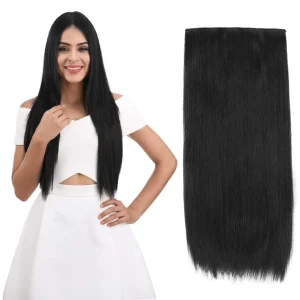 Extensões de cabelo Natural Extensão de Cabelo Humano Remy Liso com Presilha 24 Polegadas – 3/4 de Cabeça, Peça Única, Cor 1B | Loja dos Cabelos