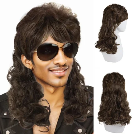 Perucas Peruca Masculina Anos 80 Estilo Mullet Marrom Cacheada e Ondulada com Franja para Cosplay, Fantasias e Uso Diário | Loja dos Cabelos