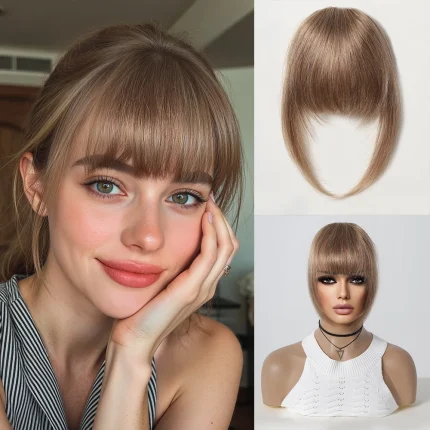 Extensões de cabelo Sintético Franja Postiça de Cabelo Humano 100% com Presilhas, Estilo Francês, Loiro Marrom Natural, Feminina | Loja dos Cabelos