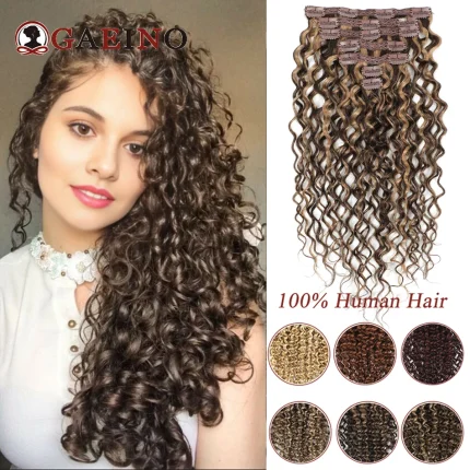 Extensões de cabelo Natural Extensões de Cabelo Humano Ondulado Água com Presilhas 7 Peças Castanho Marrom Cacheado Natural Feminino 14 a 28 Polegadas | Loja dos Cabelos