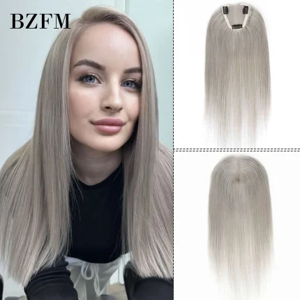 Perucas Topper de Cabelo Humano Remy Liso para Mulheres, Base de Renda com Presilhas, Ideal para Cabelo Ralo, Cor Cinza, 14 Polegadas | Loja dos Cabelos