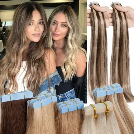 Extensões de cabelo Natural Extensões de Cabelo Humano Remy com Fita Adesiva Ultrafina – 20 Peças, 12 a 26 Polegadas, Aumento de Volume Natural | Loja dos Cabelos