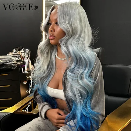 Perucas Peruca de Cabelo Humano 100% Remy Cinza e Azul – Onda do Corpo, Frontal em Renda 13×6, 200% de Densidade | Loja dos Cabelos