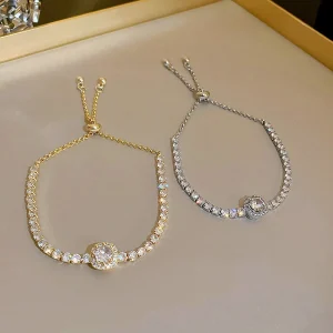 Bolsas e acessórios Pulseira Feminina Ajustável Banhada a Ouro 18K com Strass e Zircônia Quadrada – Joia de Aço Inoxidável Elegante | Loja dos Cabelos
