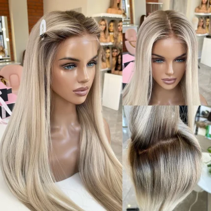 Perucas Peruca de Cabelo Humano Remy Liso Ombre Cinza e Loiro com Lace Frontal Transparente 13×4 Pré-Arrancada | Loja dos Cabelos