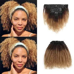 Extensões de cabelo Natural Extensão de Cabelo Humano Brasileiro Clip-in Afro Encaracolado, Cor 1B/27 Preto com Mechas Loiro Mel, 8 Peças, 110 g, Comprimento 8 a 24 Polegadas | Loja dos Cabelos