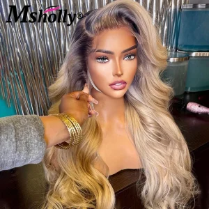 Perucas Peruca Ombre Loiro Acinzentado de Cabelo Humano, Frontal de Renda Transparente 13×4, Onda Corporal, Densidade 180% e Base 4×4 | Loja dos Cabelos