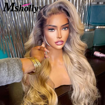 Perucas Peruca Ombre Loiro Acinzentado de Cabelo Humano, Frontal de Renda Transparente 13×4, Onda Corporal, Densidade 180% e Base 4×4 | Loja dos Cabelos