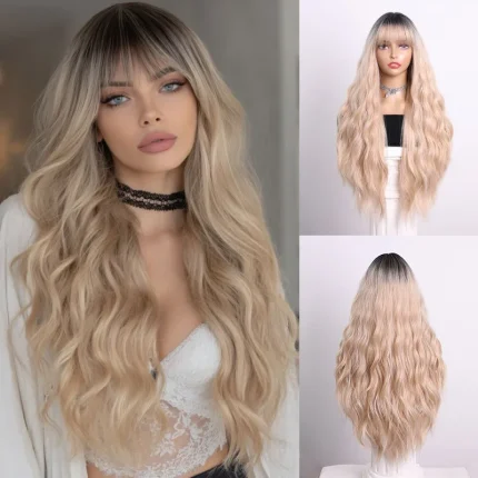 Perucas Peruca Longa Ondulada com Renda Frontal e Franja – Sintética, Natural, Sem Cola e Resistente ao Calor para Uso Diário e Cosplay | Loja dos Cabelos