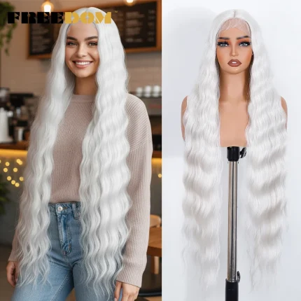 Perucas Peruca Lace Frontal Sintética Feminina 36 Polegadas Super Longa Ondulada com Efeito Ombré Loiro Branco para Cosplay | Loja dos Cabelos
