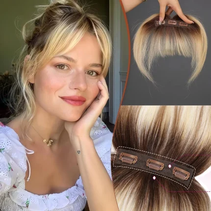 Extensões de cabelo Natural Franja Ombre Loira com Presilhas, Cabelo Humano 100%, Franja Postiça Natural, 3 Clipes Seguros | Loja dos Cabelos