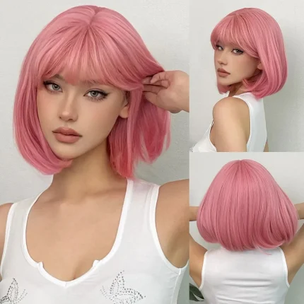Perucas Peruca Bob Curto Reto Sintética com Franja, Fibra Resistente ao Calor, Aparência Natural, Rosa, para Mulheres | Loja dos Cabelos