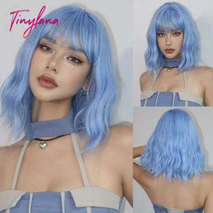 Perucas Peruca Bob Curto Ondulado Cacheado Sintética Azul com Franja, Fibra Resistente ao Calor, Estilo Cosplay Lolita, para Mulheres | Loja dos Cabelos