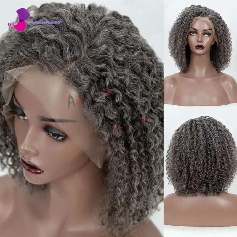 Perucas Peruca Afro Kinky Preta e Cinza 100% Cabelo Humano com Partição Lateral para Mulheres Negras | Loja dos Cabelos