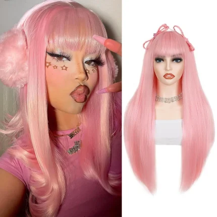 Perucas Peruca Longa Sintética Rosa Reta com Franja – Feminina, Natural e Resistente ao Calor Para Cosplay e Uso Diário | Loja dos Cabelos