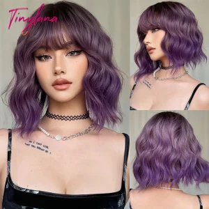 Perucas Peruca Sintética Curta Bob Ondulado Cinza Roxo com Franja, Ombre Roxo, Resistente ao Calor | Loja dos Cabelos