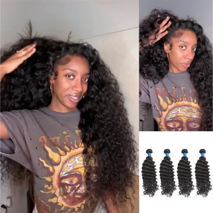 Extensões de cabelo Natural Extensão de Cabelo Humano Virgem Brasileiro 12A, Onda Profunda Cacheada, Pacotes para Costura (Sew In), Comprimento 12 a 30 Polegadas | Loja dos Cabelos