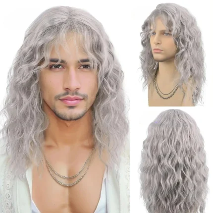 Perucas Peruca Masculina Sintética Cinza com Cachos Naturais e Franja Ajustável para Uso Diário ou Cosplay | Loja dos Cabelos