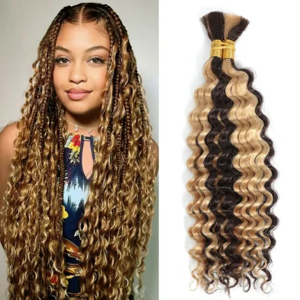 Extensões de cabelo Natural Cabelo Humano para Trança Ondulado Profundo – 1 Pacote, 20 Polegadas, Cor P4/27, Ideal para Destaques | Loja dos Cabelos