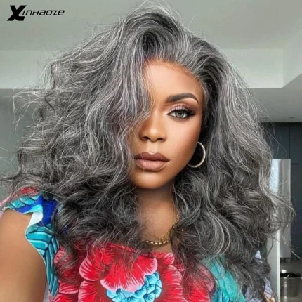 Perucas Peruca Ondulada Sal e Pimenta 100% Cabelo Humano com Frontal de Renda 13×4 e Mechas Destacadas | Loja dos Cabelos