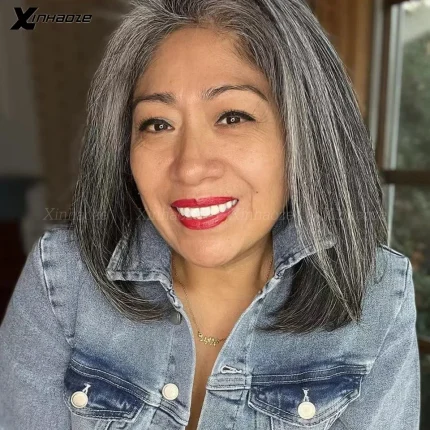 Perucas Peruca Bob Curta de Cabelo Humano Cinza “Sal e Pimenta” – Frontal 13×4 | Loja dos Cabelos
