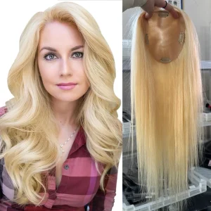 Perucas Topper de Cabelo Humano Loiro Ondulado Feminino, Base de Seda, Sem Franja, com Presilhas, 15×16 cm | Loja dos Cabelos