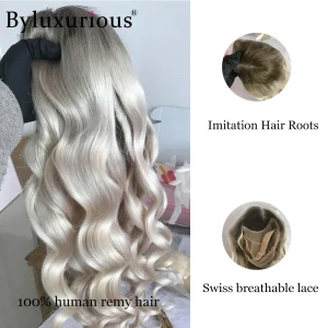 Perucas Peruca de Cabelo Humano Remy Onda Corpo 210% Densidade com Lace Frontal Transparente 13×6 em Veludo Creme Ouro com Raiz Escura | Loja dos Cabelos