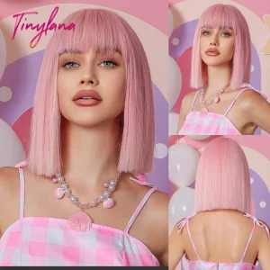 Perucas Peruca Sintética Curta Bob Rosa com Franja, Estilo Lolita para Cosplay e Fantasia, Fio Liso com Aparência Natural e Resistência ao Calor | Loja dos Cabelos