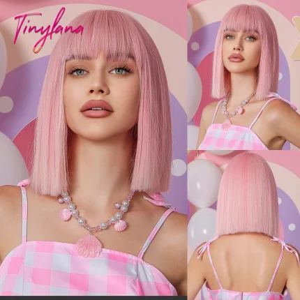 Perucas Peruca Sintética Curta Bob Rosa com Franja, Estilo Lolita para Cosplay e Fantasia, Fio Liso com Aparência Natural e Resistência ao Calor | Loja dos Cabelos