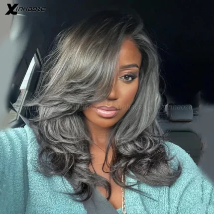Extensões de cabelo Natural Peruca de Cabelo Humano Cinza e Preto Onda Corporal Lace Frontal 13×4 Sem Cola para Mulheres | Loja dos Cabelos