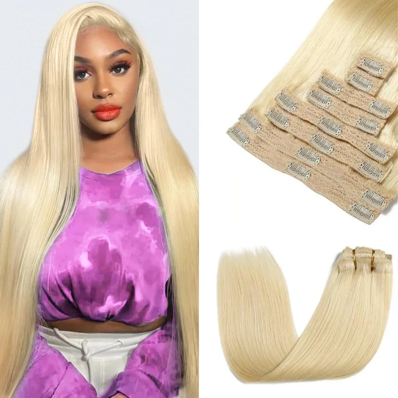 Extensões de cabelo Natural Extensão de Cabelo Humano Brasileiro Liso Sedoso Clip-in, Loiro Claro #613, 8 Peças, 120 g, Comprimento 16 a 26 Polegadas | Loja dos Cabelos