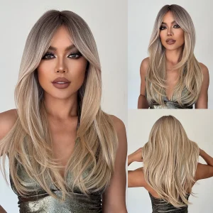 Perucas Peruca Loira Longa Alan Eaton Feminina com Franja Cabelo Sintético Ombre com Raiz Escura em Camadas Resistente ao Calor | Loja dos Cabelos