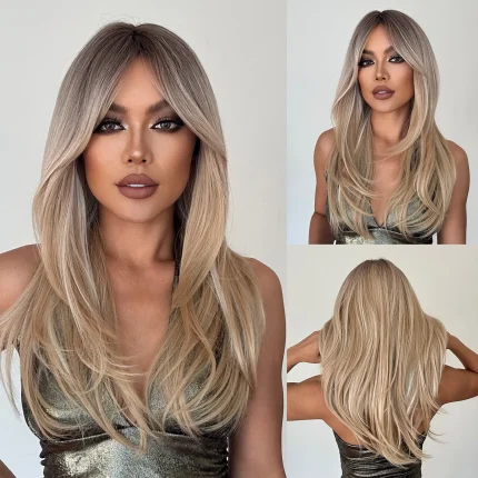Perucas Peruca Loira Longa Alan Eaton Feminina com Franja Cabelo Sintético Ombre com Raiz Escura em Camadas Resistente ao Calor | Loja dos Cabelos