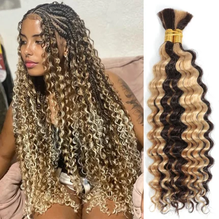 Extensões de cabelo Natural Cabelo Humano Brasileiro para Trança, Onda Profunda Cacheada, Loiro com Mechas P4/27, Extensão em Massa para Micro Trança sem Trama | Loja dos Cabelos