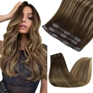 Extensões de cabelo Natural Extensão de Cabelo Humano Remy Vesunny com Presilha Tic Tac – 3 Peças 70g Cabelo Liso Balayage | Loja dos Cabelos