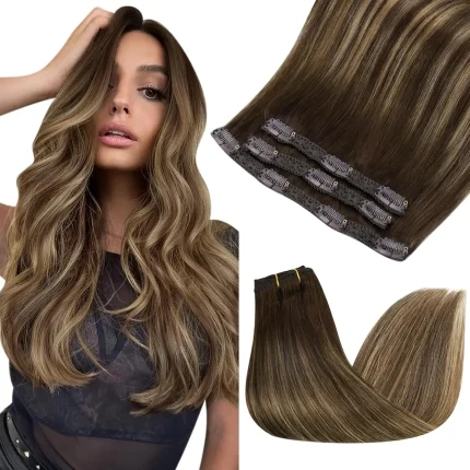 Extensões de cabelo Natural Extensão de Cabelo Humano Remy Vesunny com Presilha Tic Tac – 3 Peças 70g Cabelo Liso Balayage | Loja dos Cabelos