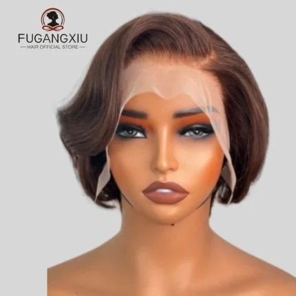 Perucas Peruca Feminina 13×4 de Renda Frontal em Cabelo Humano Remy, 8 Polegadas, Corte Pixie Reto, Cores Preto ou Castanho (#4), 150% de Densidade | Loja dos Cabelos
