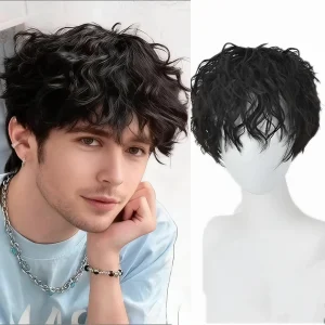 Perucas Peruca Curta Preta Sintética Masculina Resistente ao Calor para Cosplay, Anime e Uso Diário Realista | Loja dos Cabelos