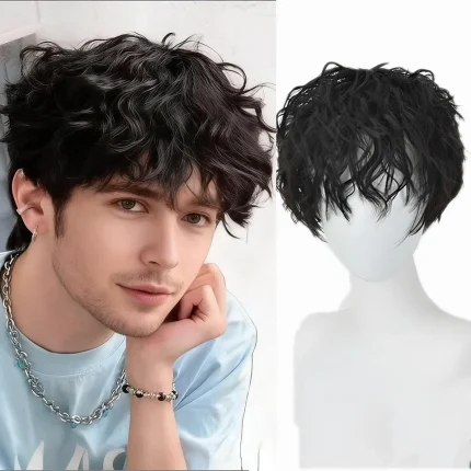 Perucas Peruca Curta Preta Sintética Masculina Resistente ao Calor para Cosplay, Anime e Uso Diário Realista | Loja dos Cabelos