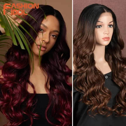 Perucas Peruca Sintética com Laço para Mulheres Negras Ondulada Longa com Baby Hair Natural Ombre Loiro e Marrom 75 cm | Loja dos Cabelos