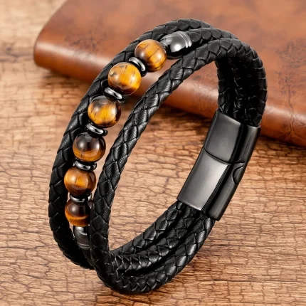 Pulseira Masculina de Couro Multicamadas com Contas de Pedra Redondas 8mm – 9 Estilos, Joia Masculina para Presente