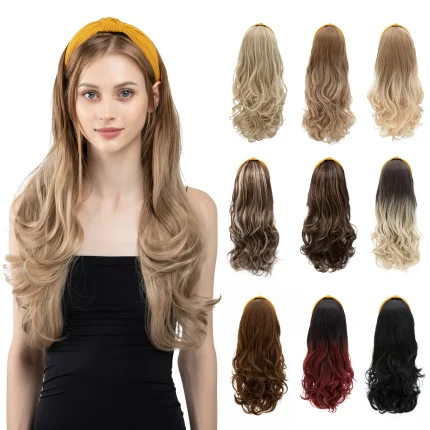 Perucas Peruca Feminina Sintética Longa Ondulada com Bandana, Ombre Marrom Preto e Loiro, Aparência Natural e Resistente ao Calor | Loja dos Cabelos