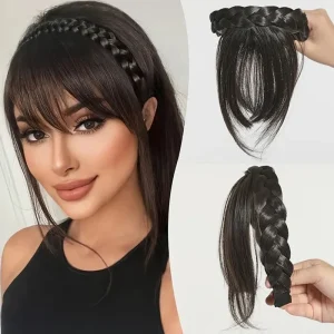 Perucas Peruca Sintética Feminina com Franja e Tranças, Estilo Bandana com Costeletas, Visual Moderno e Natural | Loja dos Cabelos