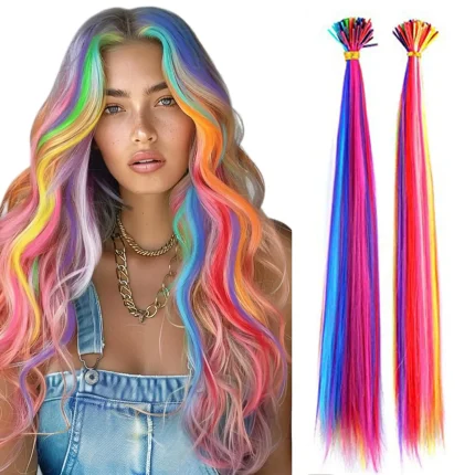 Extensões de cabelo Sintético Kit de Extensões de Cabelo Sintético Colorido Arco-Íris 20 Polegadas com 10 Peças I-Tip para Mulheres, Crianças e Cosplay | Loja dos Cabelos